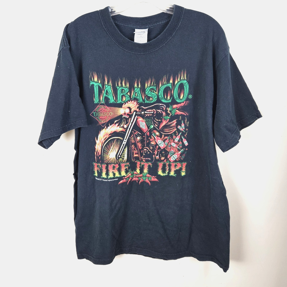 Vtg Y2K Tabasco T-Shirt Men's Size L Biker Graphic Flames Gentle Fade
